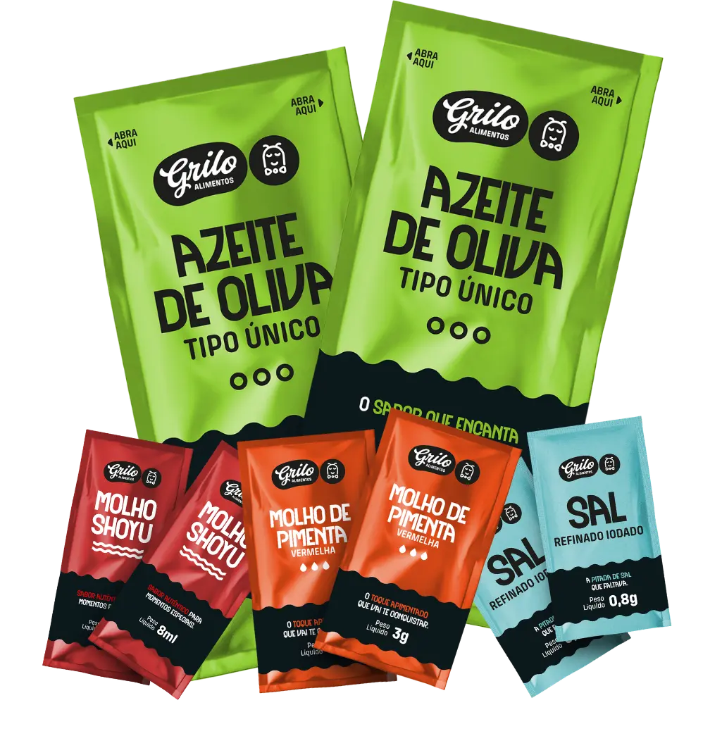 Ilustração de sachês de azeite, pimenta, sal e shoyo